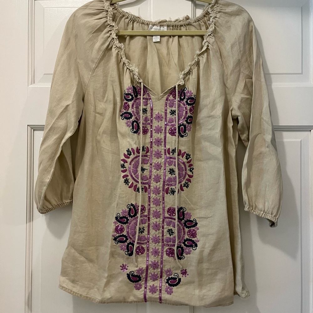 Charter Club cream and purple embroidered linen blouse